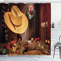Ambesonne Western Shower Curtain, Farmhouse with Christmas Celebrations with Wreath Americana Style Image Print, Cloth Fabric Bathroom Decor Set with Hooks, 69" W x 75" L, Brown Cream