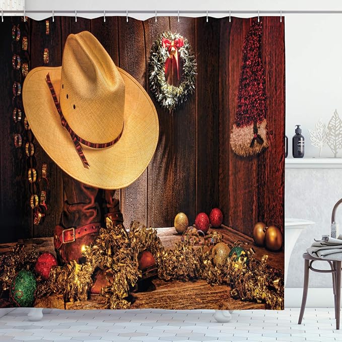 Ambesonne Western Shower Curtain, Farmhouse with Christmas Celebrations with Wreath Americana Style Image Print, Cloth Fabric Bathroom Decor Set with Hooks, 69" W x 75" L, Brown Cream