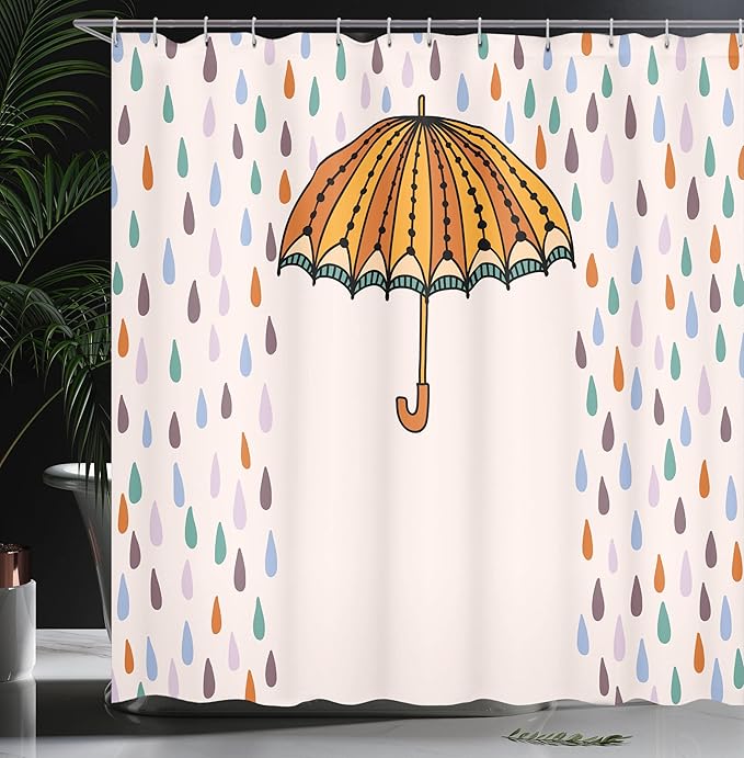 Ambesonne Pastel Shower Curtain, Boho and Retro Umbrella MotifSurrounded by Gradient Toned Droplets Storm Graphic Autumn Fall Season, Cloth Fabric Bathroom Set with Hooks, 69" W x 70" L, Pale Pink