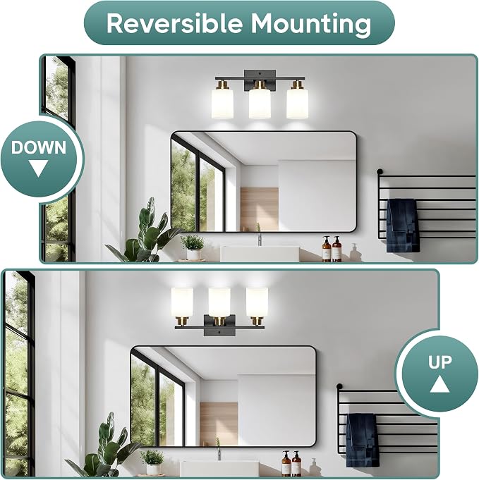 Ascher Bathroom Light Fixtures, 3-Light Vanity Light Over Mirror, Black and Gold Wall Sconces with Milky White Frosted Glass Shades, Wall Lamp for Living Room Bedroom, E26 Base(Bulbs Not Included)