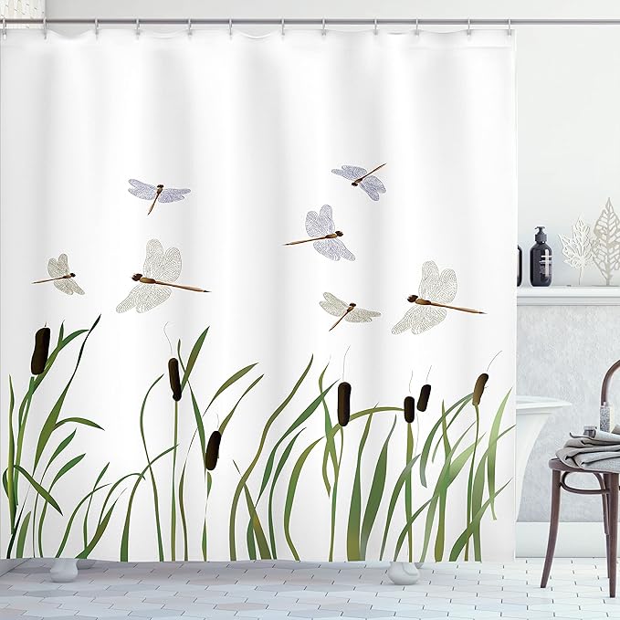 Ambesonne Dragonfly Shower Curtain, Flying Small Dragonflies Over Tall Reeds Botanical Environmental Graphic, Cloth Fabric Bathroom Decor Set with Hooks, 69" W x 84" L, Purple Green