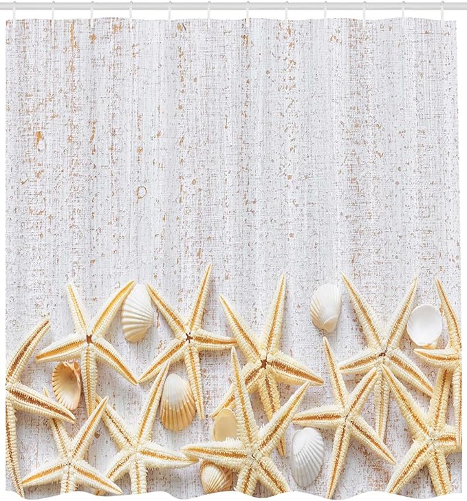 Ambesonne Seashells Shower Curtain, Sea Shells on Timber Pattern Tropical Honeymoon Getaways Classic Marine Theme, Cloth Fabric Bathroom Decor Set with Hooks, 69" W x 84" L, Pearl Ivory