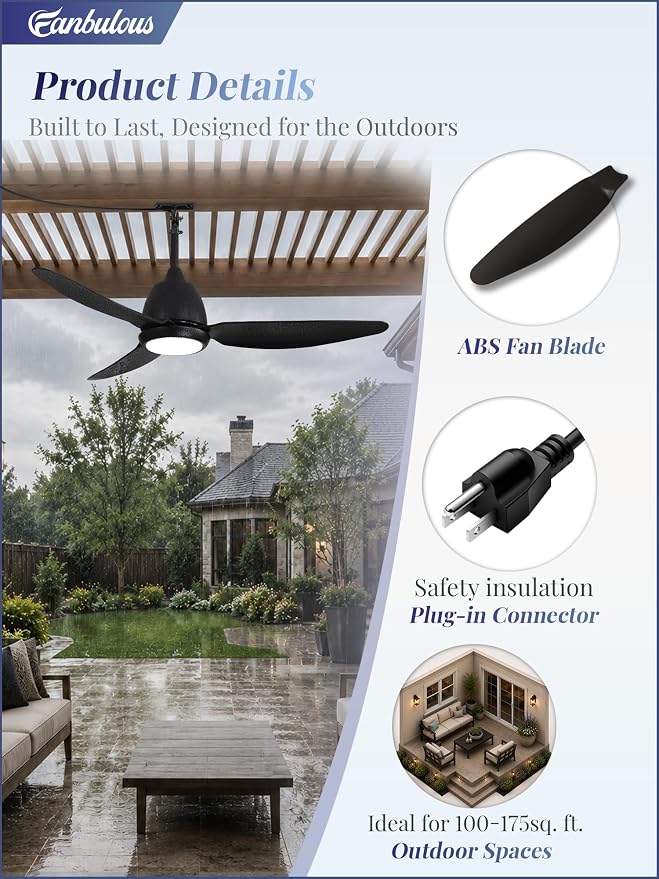Fanbulous 42" Outdoor Ceiling Fan with Light, IP65 Waterproof Wet Rated, Plug in Gazebo Fan with 10FT Cord, Smart APP & Remote, 6-Speed Reversible DC Motor, 3CCT Dimmable LED for Patio Porch (Black)