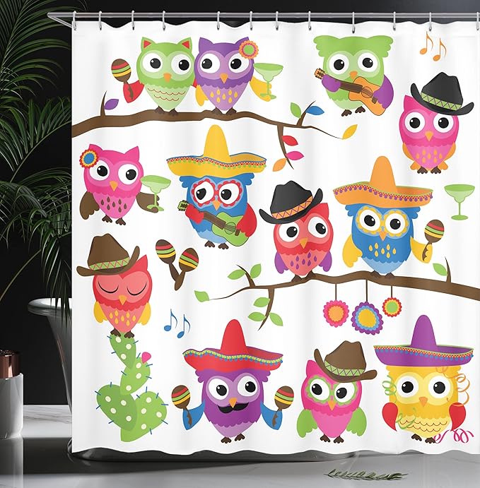 Ambesonne Owls Shower Curtain, Group of Cowboy Cowgirl Owls with Hats Guitars Cactus Cinco de Mayo Themed Art, Cloth Fabric Bathroom Decor Set with Hooks, 69" W x 70" L, Orange Red