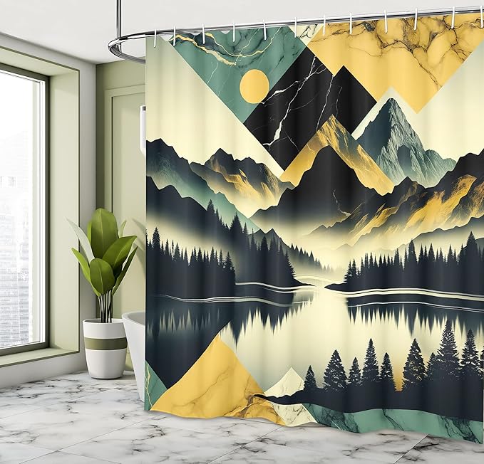 Ambesonne Lake Shower Curtain, Silhouettes of Dark Woods and Mountains with Contemporary Rhombus Ornaments, Cloth Fabric Bathroom Decor Set with Hooks, 69" W x 84" L, Dark Green Teal Khaki