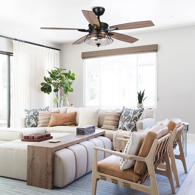 52 Inch Farmhouse Ceiling Fans with Lights and Remote Control - 3-Speed Reversible Motor, Retro Style Indoor/Outdoor Ceiling Fan with 5 Blades for Home Living Room Bedroom