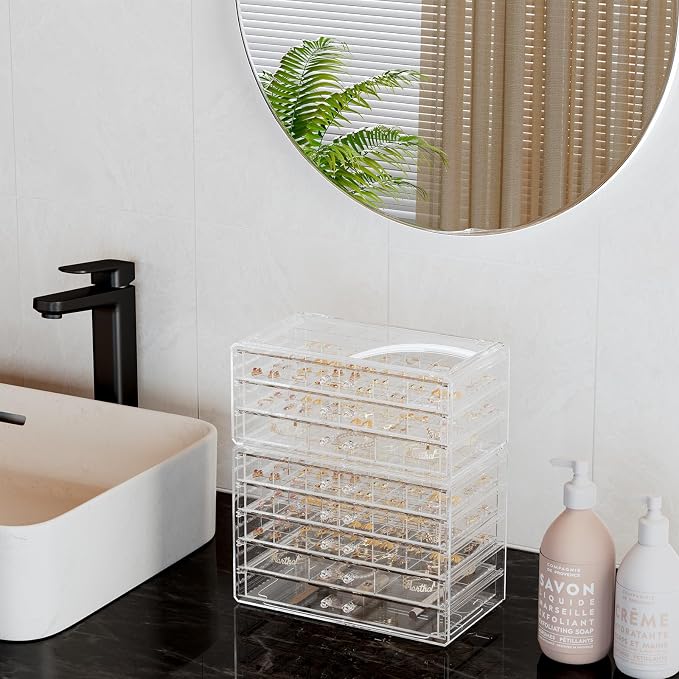 ProCase Acrylic Earrings Holder Organizer Box -Clear, 8 Layers | 133 Jewelry Storage Grid Large Clear Compartments Transparent Stackable Drawers Jewelry Display for Earring Ring Bracelet