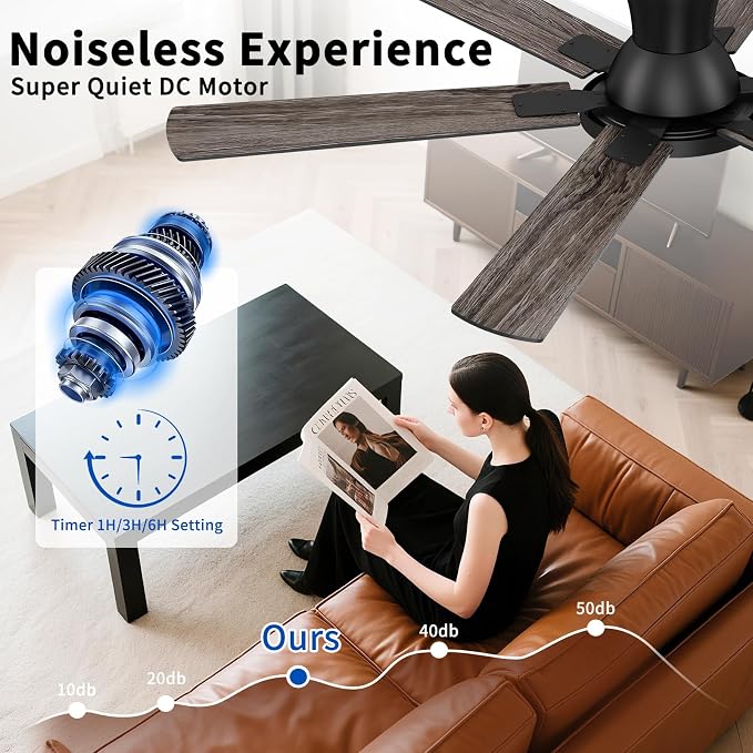 60 Inch Black Ceiling Fans with Lights and Remote, Flush Mount Low Profile 6 Blades Ceiling Fan, Quiet Reversible DC Motor for Living Room, Bedroom and Patio