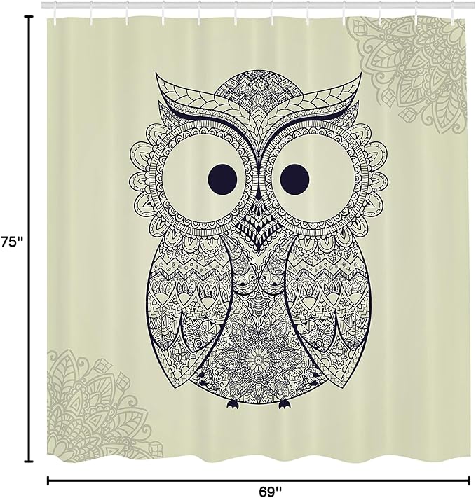 Ambesonne Ethnic Shower Curtain, Design Illustration Owl with Flowers Owl Bird Ornamental Pattern, Cloth Fabric Bathroom Decor Set with Hooks, 69" W x 75" L, Blue Eggshell