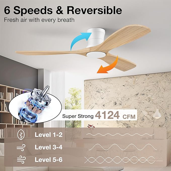 52” Wood Ceiling Fans with Lights Remote,Low Profile Flush Mount Ceiling Fan with Light,Outdoor Indoor Modern Ceiling fans for Bedroom Living room Patio,Light Wood&White,3 Blades,Dimmable LED,Quiet