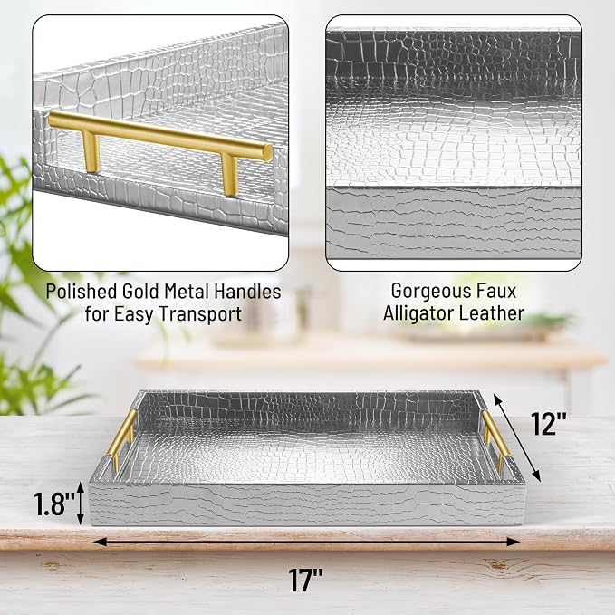ATZYmolin 17"x12" Leather Serving Tray, Gold Handle Vanity Platter, Silvery | Rectangle Ottoman Decor Tray, Polished Metal Handles, Coffee Table Bathroom Home Decorative Wood Tray