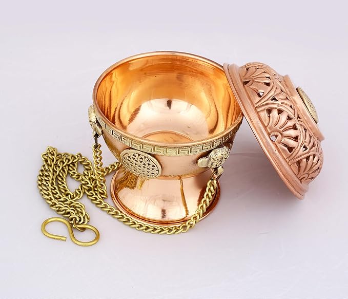 Indian Consigners Copper Altar Incense Charcoal Burner Holder with Chain (Flower of Life)