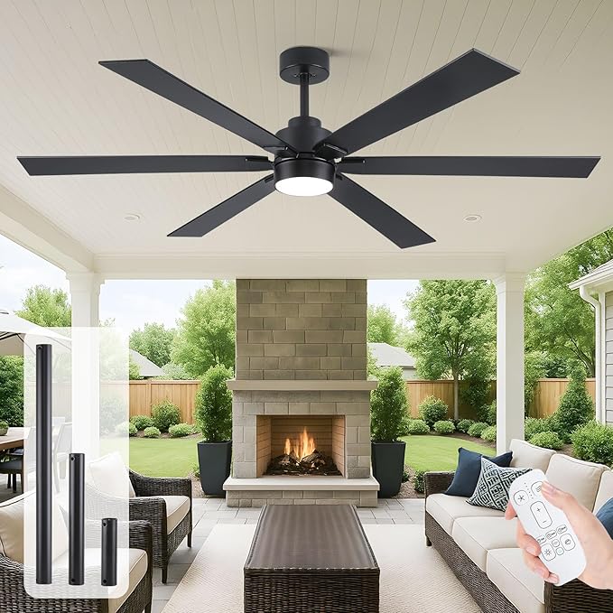 66 Inch Outdoor Ceiling Fans for Patios with Lights Damp Rated, Large Modern Black Ceiling Fans with 6 Blades, High CFM Quiet Reversible DC Motor, for Indoor Living Room Commercial Exterior Gazebo