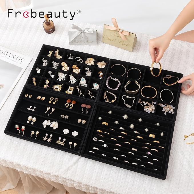 Frebeauty Jewelry Trays for Drawer,Set of 2 Jewelry Organizer and Storage | Velvet Material,Stackable,Adjustable Dividers,Drawer Inserts for Rings Studs Bracelet,Earring Organizer for Women Girls