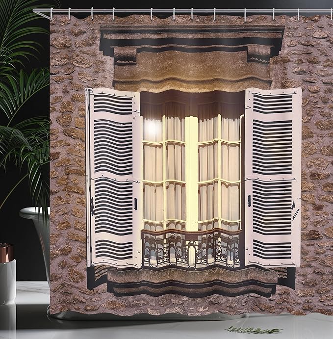 Ambesonne Country Shower Curtain, Vintage Style Stone House with The Shutters Medieval Culture Inspired Image Print, Cloth Fabric Bathroom Decor Set with Hooks, 69" W x 70" L, Pink Brown