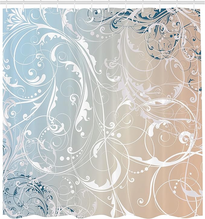 Ambesonne Floral Shower Curtain, Baroque Swirl Branches Curved Flower Leaves Shabby Form Nature Pattern, Cloth Fabric Bathroom Decor Set with Hooks, 69" W x 70" L, Champagne Dust