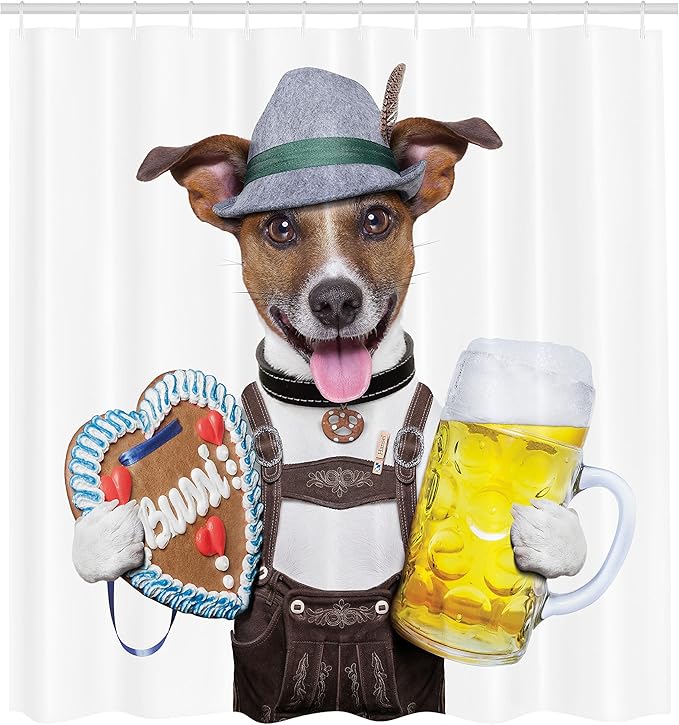 Ambesonne Oktoberfest Shower Curtain, Oktoberfest Dog with Beer Mug and Gingerbread Heart Smiling Happy Times Art, Cloth Fabric Bathroom Decor Set with Hooks, 69" W x 75" L, Yellow Brown