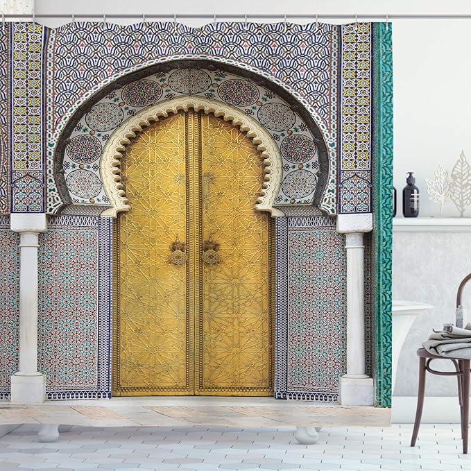 Ambesonne Orient Shower Curtain, Yellow Door of Royal Palace in FES Morocco Vintage Moroccan Artwork Mosaic Style, Cloth Fabric Bathroom Decor Set with Hooks, 69" W x 70" L, Navy Ivory