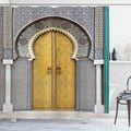 Ambesonne Orient Shower Curtain, Yellow Door of Royal Palace in FES Morocco Vintage Moroccan Artwork Mosaic Style, Cloth Fabric Bathroom Decor Set with Hooks, 69" W x 70" L, Navy Ivory