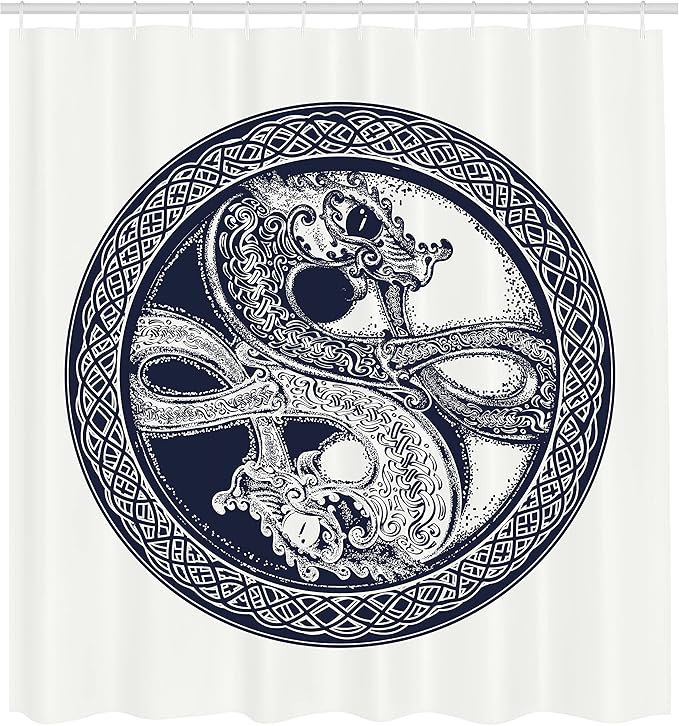 Ambesonne Celtic Dragon Shower Curtain, Mystic Yin Yang Creatures in Round Frame, Cloth Fabric Bathroom Decor Set with Hooks, 69" W x 70" L, Violet Blue Off White