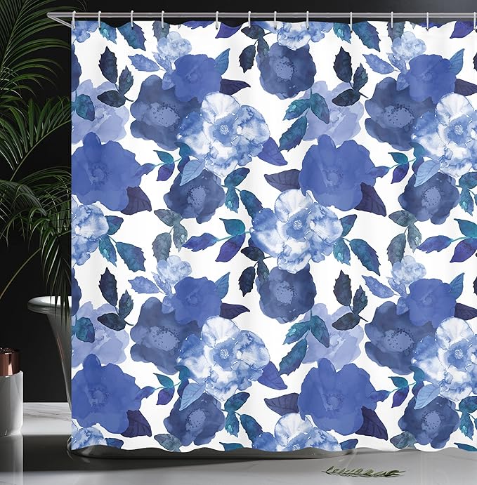 Ambesonne Flower Shower Curtain, Lively Watercolor Painted Simplistic Large Flowers and Leaves Inspired by Spring Season Artwork, Cloth Fabric Bathroom Decor Set with Hooks, 69" W x 84" L, Blue White