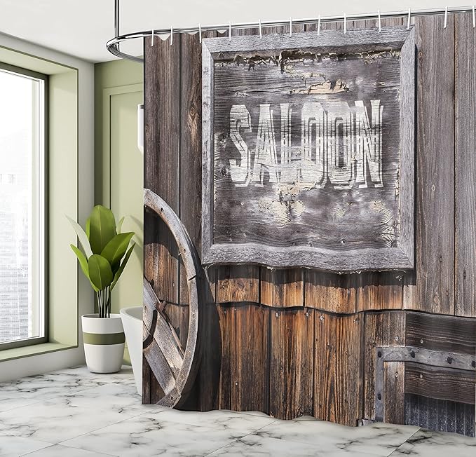 Ambesonne Western Shower Curtain, Aged Wooden Sign Word Saloon, Planks on The Background, Classic Style Art, Cloth Fabric Bathroom Decor Set with Hooks, 69" W x 70" L, Grey Brown