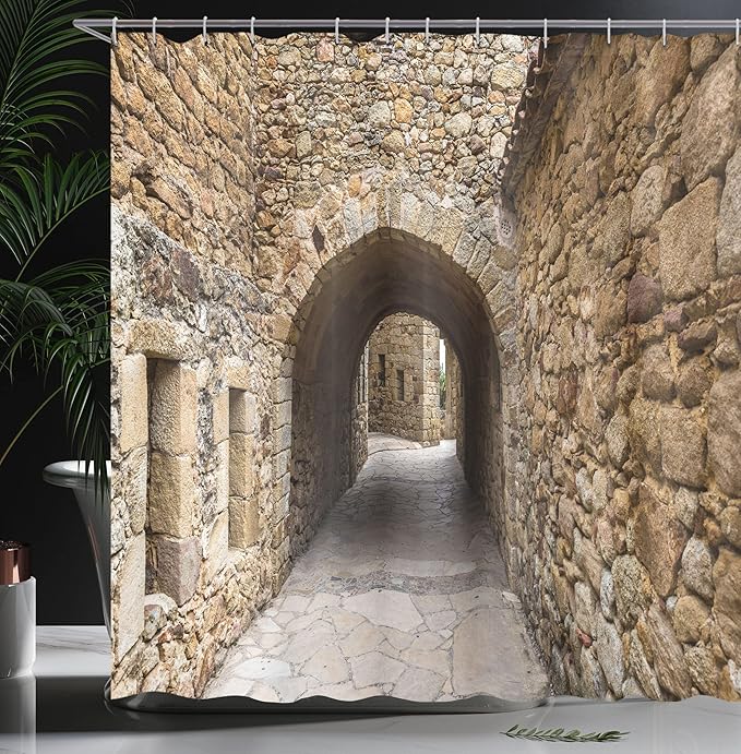 Ambesonne Vintage Shower Curtain, Medieval Historic Street with The Stone Walls in Pals Girona Catalonia Spain Picture of Scenery Art, Cloth Fabric Bathroom Decor Set with Hooks, 69" W x 84" L, Beige