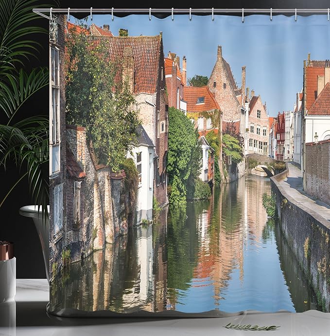 Ambesonne European Shower Curtain, an Image of a Scenery of Water Canal in Bruges an Old Town Tale of Heritage Antique Artwork, Cloth Fabric Bathroom Decor Set with Hooks, 69" W x 75" L, Coral Green