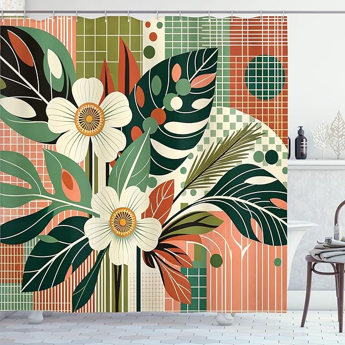 Ambesonne Mid Century Modern Shower Curtain, Abstract Monstera and Flowers with Symmetric Lines Back, Cloth Fabric Bathroom Decor Set with Hooks, 69" W x 75" L, Coral Jade Green Coconut