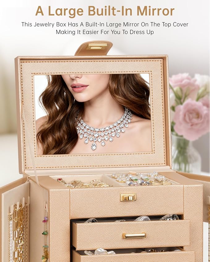 AKOZLIN 6-Tier Jewelry Box Organizer Functional 5 Drawers Leather Jewelry Storage Case for Women Girls Ring Necklace Earring Bracelet Holder Organizer with Mirror Champagne S-Medium