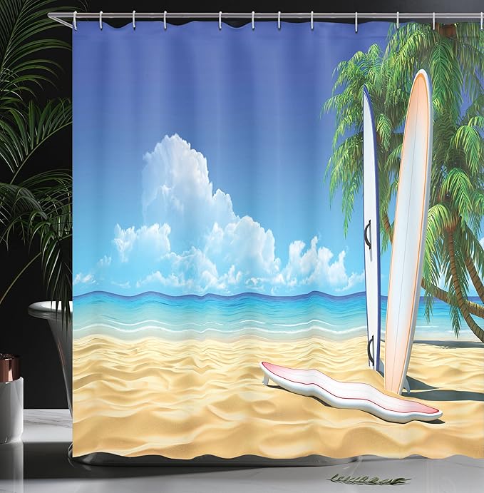 Ambesonne Tropical Shower Curtain, Surf Board on The Sand by Ocean Sea Idyllic Serene Coast Paradise Image, Cloth Fabric Bathroom Decor Set with Hooks, 69" W x 70" L, Royal Blue Sand Brown