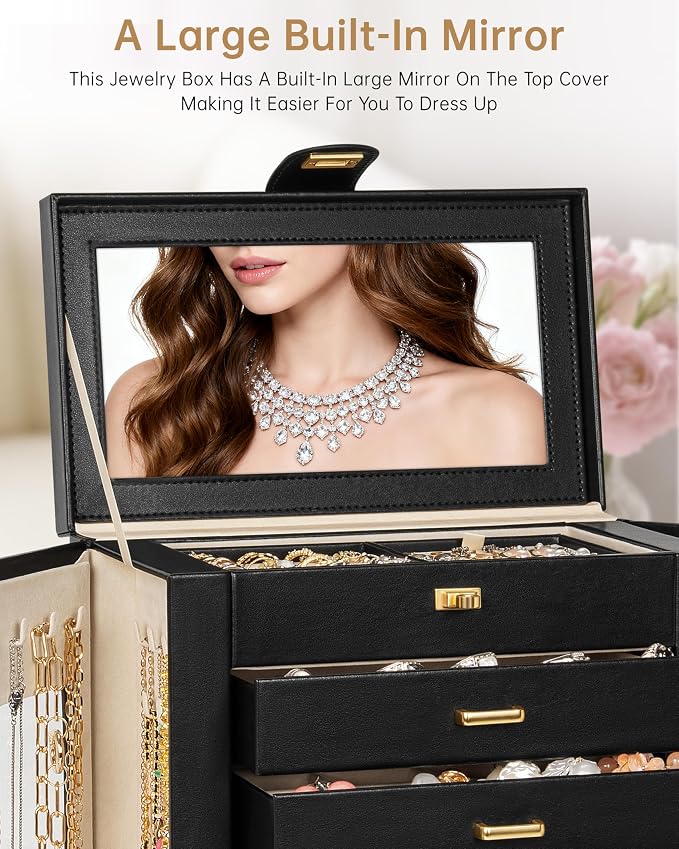 AKOZLIN 6-Tier Jewelry Box Organizer Functional 5 Drawers Leather Jewelry Storage Case for Women Girls Ring Necklace Earring Bracelet Holder Organizer with Mirror XL Black 360° Rotating