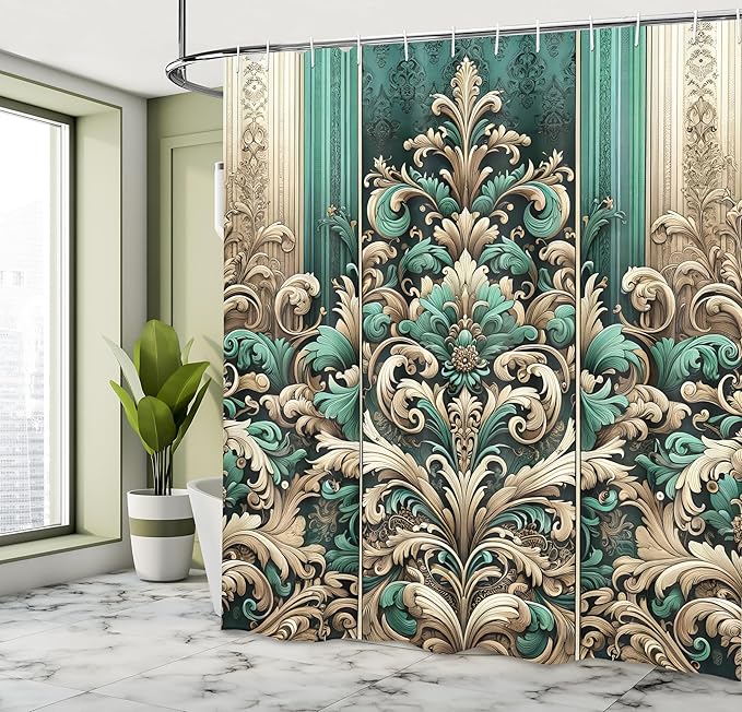 Ambesonne Damask Shower Curtain, Vintage Swirls and Curlicue Design Boho Nostalgic Oriental Influences, Cloth Fabric Bathroom Decor Set with Hooks, 69" W x 75" L, Teal Beige and Pale Brown