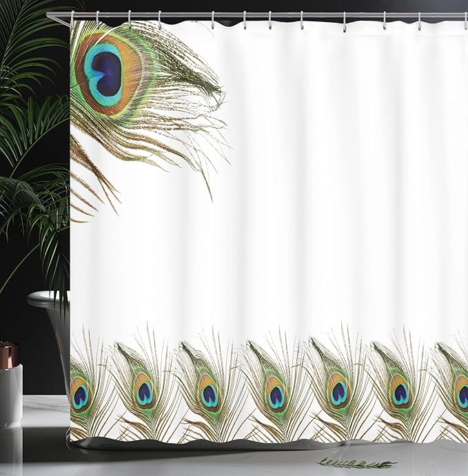 Ambesonne Peacock Shower Curtain, Exotic Peacock Feathers Symbolizing Guidance for Soul Boho Ethnic, Cloth Fabric Bathroom Decor Set with Hooks, 69" W x 70" L, White Teal