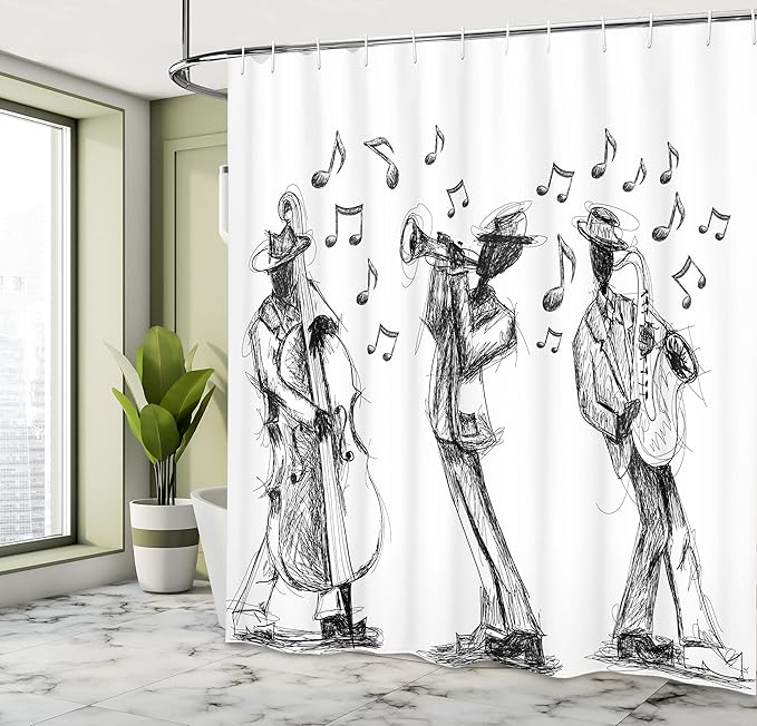 Ambesonne Music Shower Curtain, Sketch Style of a Jazz Band Playing Music with Instruments and Musical Notes Print, Cloth Fabric Bathroom Decor Set with Hooks, 69" W x 84" L, White Charcoal