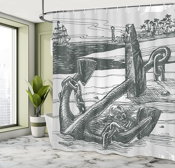 Ambesonne Anchor Shower Curtain, A Skull by Exotic Island Shoreline and The Palm Trees with a Ship of Pirate Buccaneer for a Journey, Cloth Fabric Bathroom Set with Hooks, 69" W x 75" L, Black Grey
