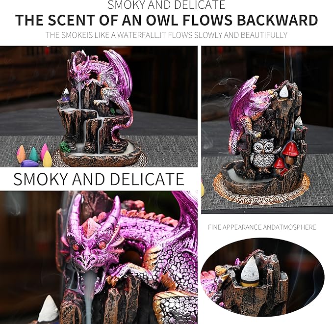 Dragon Backflow 2 Sided Mountain Waterfall Incense Burner,Fountain Smoke Incense Holder with Backflow Incense Cones, Tweezers, Mat，Resin Aromatherapy Meditationvaiuk (Purple)