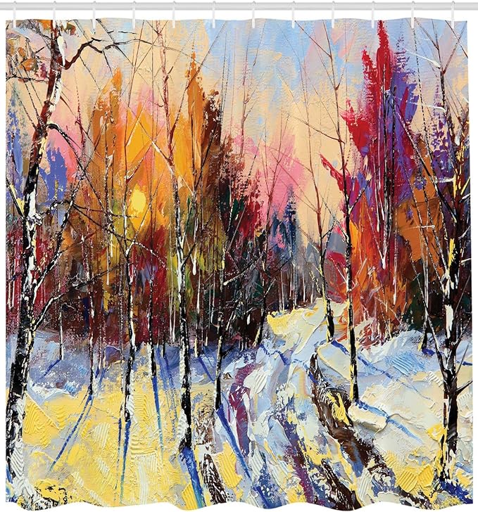 Ambesonne Country Shower Curtain, Pastel Color Paint of Sunset in Old Town Winter Pastoral Countryside Landscape, Cloth Fabric Bathroom Decor Set with Hooks, 69" W x 84" L, Pastel Yellow