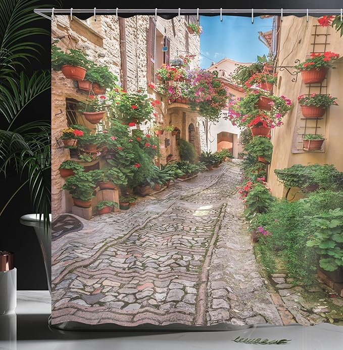 Ambesonne Tuscan Shower Curtain, Historical Mediterranean Street Flowers Italian Town in Sunny Day Umbria, Cloth Fabric Bathroom Decor Set with Hooks, 69" W x 70" L, Ivory Green