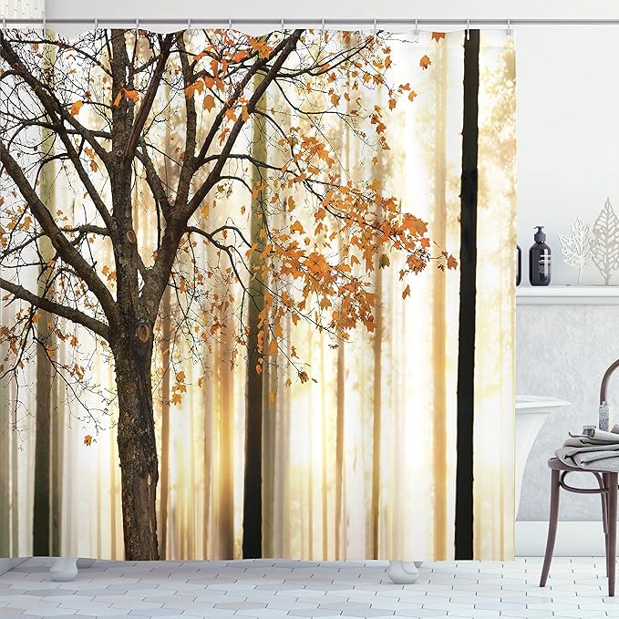 Ambesonne Autumn Shower Curtain, Picture of Tree with Orange Leaves an Abstract Woodland Background, Cloth Fabric Decor for Home Fall Curtains Bathroom Set with 12 Hooks, 69" W x 84" L, Orange Yellow