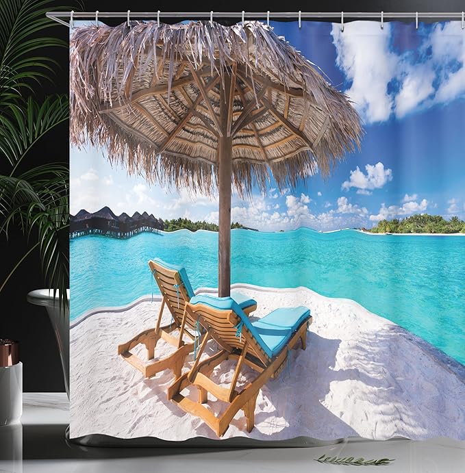 Ambesonne Beach Shower Curtain, Maldives Scenic Seaside View Sunbeds Under Umbrella Romantic Honeymoon Theme, Cloth Fabric Bathroom Decor Set with Hooks, 69" W x 70" L, Brown White