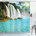 Ambesonne Waterfall Shower Curtain, Ban Gioc-Detian Cascade in The Forest Tropical Waterscape Clear Pool, Cloth Fabric Bathroom Decor Set with Hooks, 69" W x 70" L, Turquoise White