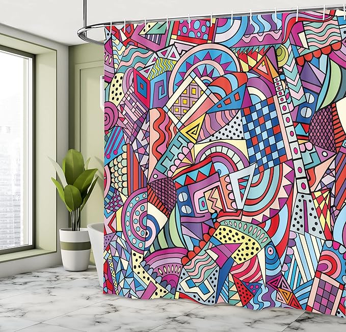 Ambesonne Psychedelic Shower Curtain, Colorful Funky Art 90's Stained Glass Style Triangle Squares Modern Art Print, Cloth Fabric Bathroom Decor Set with Hooks, 69" W x 84" L, Purple Soft Blue Coral