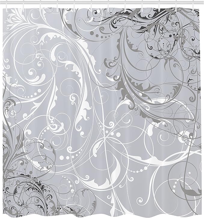 Ambesonne Floral Shower Curtain, Baroque Swirl Branches Curved Flower Leaves Shabby Form Nature Pattern, Cloth Fabric Bathroom Decor Set with Hooks, 69" W x 75" L, Pearl White