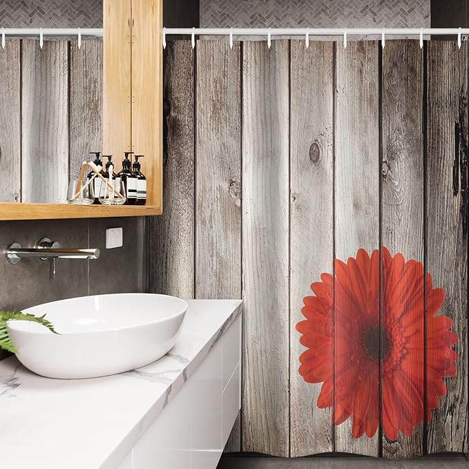 Ambesonne Rustic Stall Shower Curtain, Flower Red Dahlia on Foreground of Murky Featured Dated Wooden Board Retro Art Print, Fabric Bathroom Decor Set with Hooks, 54" W x 78" L, Brown