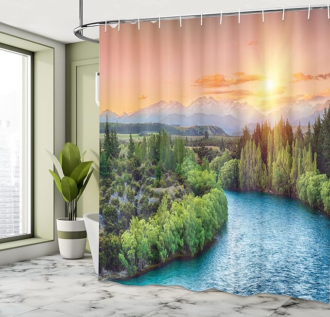 Ambesonne Eastern Shower Curtain, Sunset Over Bend of The River Clutha Alps Peaks on Horizon New Zealand, Cloth Fabric Bathroom Decor Set with Hooks, 69" W x 84" L, Apple Green