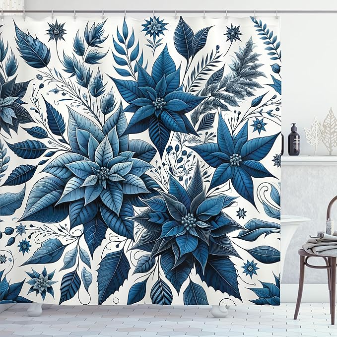 Ambesonne Christmas Shower Curtain, Monochromatic Poinsettia Flowers Xmas Theme Illustration Print, Cloth Fabric Bathroom Decor Set with Hooks, 69" W x 70" L, Night Blue and Dark Sky Blue