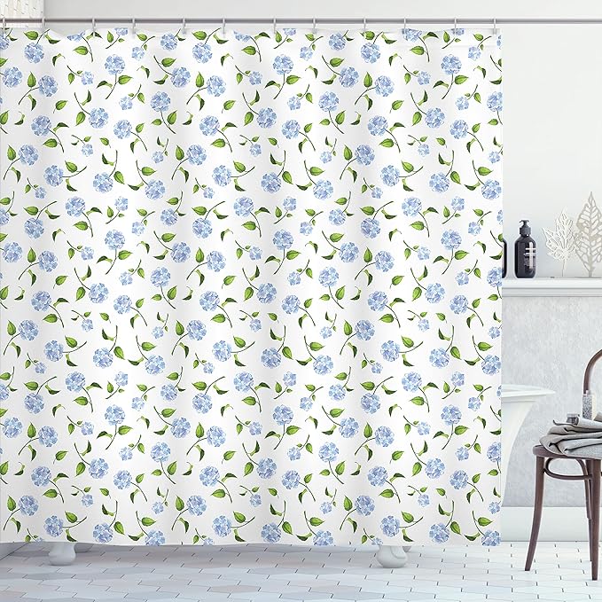 Ambesonne Floral Shower Curtain, Watercolor Hydrangea Flowers and Leaves Composed on a Plain Background, Cloth Fabric Bathroom Decor Set with Hooks, 69" W x 70" L, Ceil Blue Green White