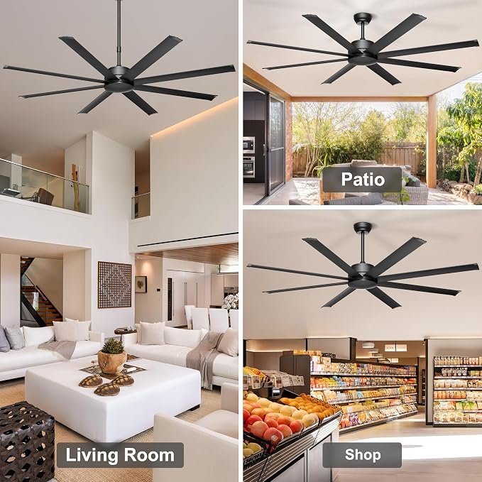 Ohniyou 72" Black Industrial Ceiling Fans No Lights for Shops, Garages | Remote & APP Control, Reversible DC Motor, 8 Aluminum Blades, Covered Outdoor Metal Fan