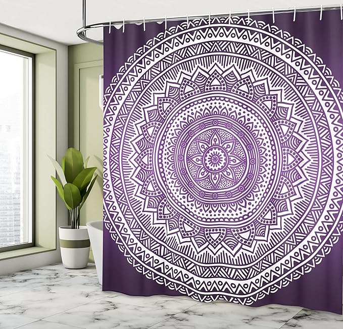 Ambesonne Purple Shower Curtain, Ombre Mandala Art Print Vibrant Floral Pattern Boho Hippie Inspired Design, Cloth Fabric Bathroom Decor Set with Hooks, 69" W x 70" L, Purple and White